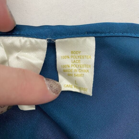 VTG Victorias Secret Long Satin Slip Dress Side Slit Lace Womens L Green Blue - Picture 5 of 9